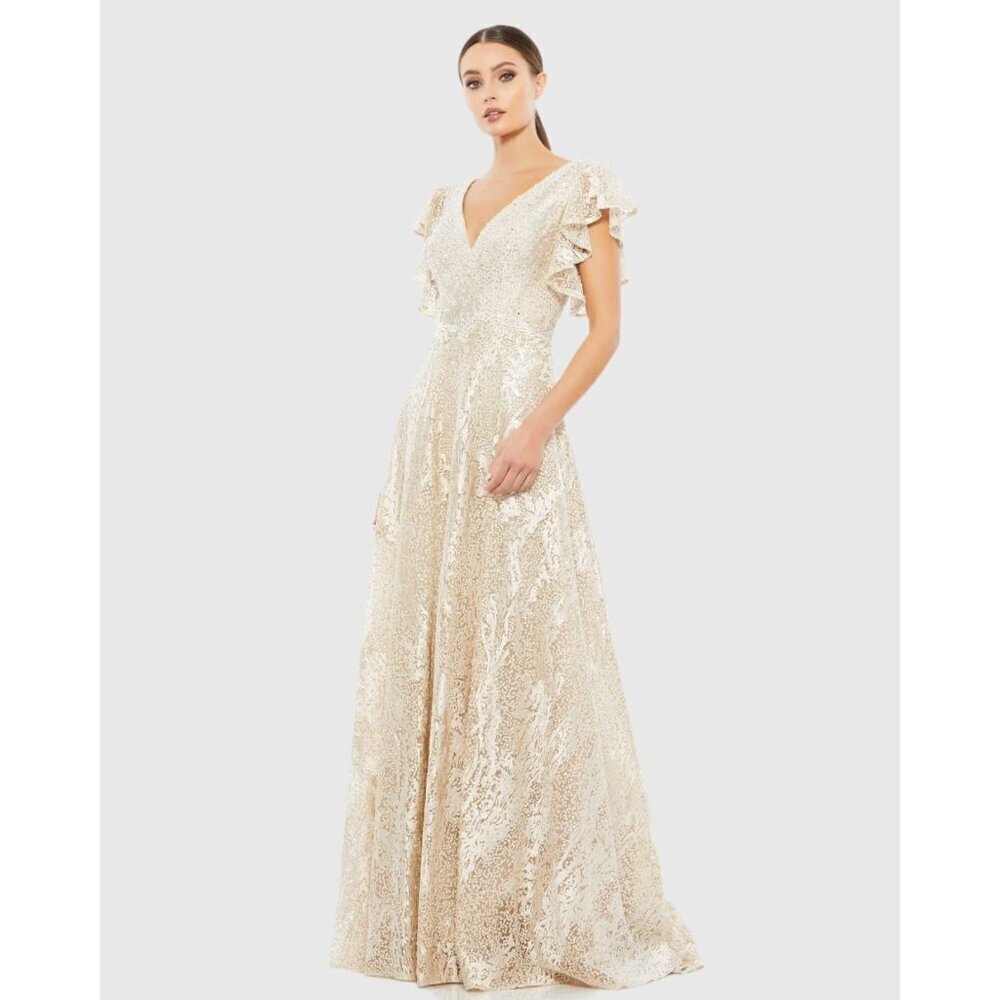 Mac Duggal Size 16 Ivory Nude Embellished Flutter Sleeve Lace A-Line Gown $798 - Picture 2 of 8
